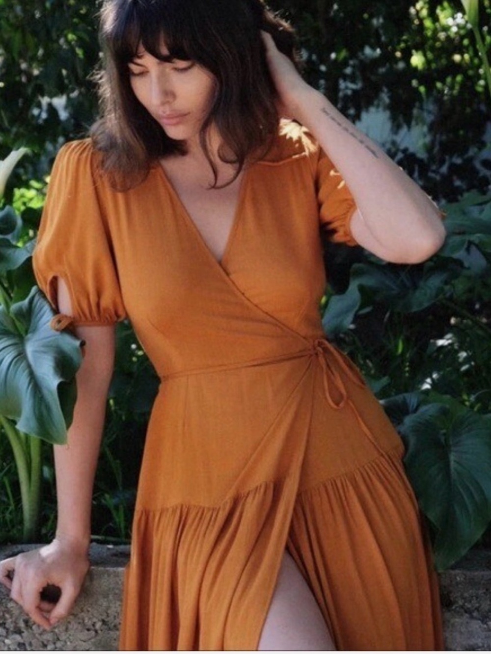 Christy Dawn Mustard Wrap Midi Dress